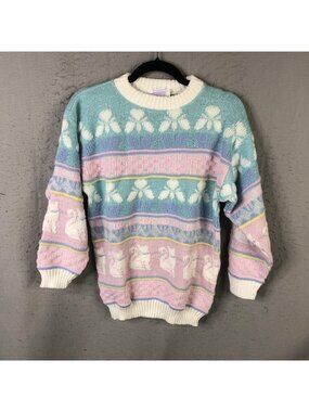 Vintage Arielle Sweater Womens M Pastel Cat Stripe Lurex Knit 80s Kawaii